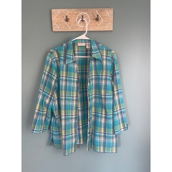 Alfred Dunner Women's Green Plaid Pattern Quarter Sleeve Button Down Top - Picture 1 of 5